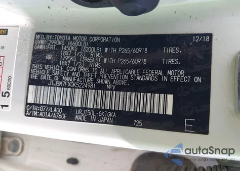 2019 Lexus Gx 460 Premium z USA, uszkodzony, nr VIN JTJBM7FX0K5224981